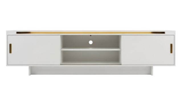 Modern white TV stand PNG isolated on transparent background, minimalist media console with sliding doors for living room furniture - Powered by Adobe