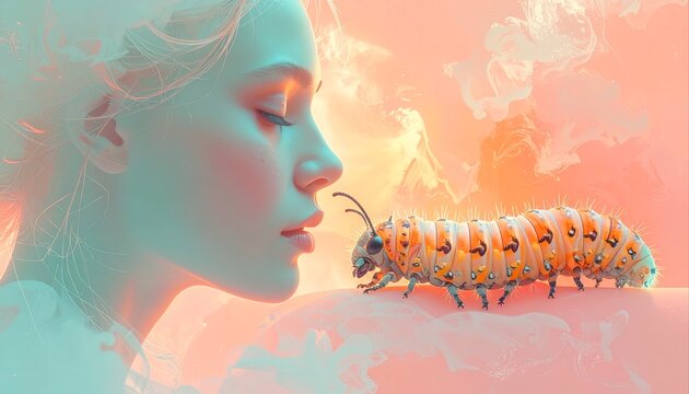 Woman and Caterpillar: Surreal Dreamlike Illustration, Pastel Colors.