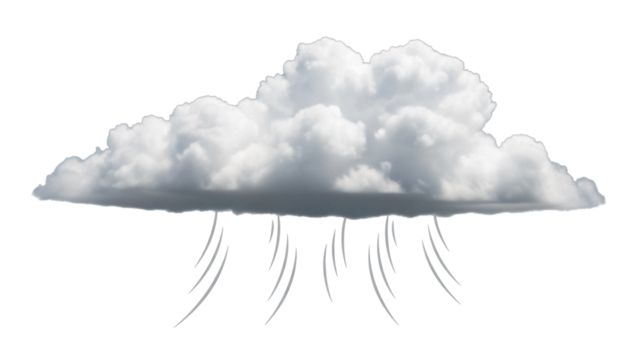 Fluffy rain cloud PNG isolated on transparent background, gray storm cloud with rain streaks for weather forecast and graphic design use