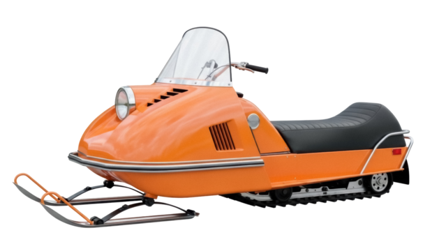 Vintage orange snowmobile PNG isolated on transparent background, classic winter vehicle for recreation and transportation
