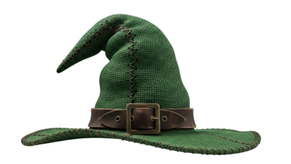 Green witch hat with brown belt isolated PNG, wizard costume accessory for Halloween and fantasy themes on transparent background