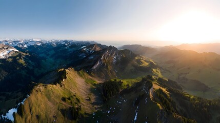 Serene Swiss Alps panorama golden hour light bathes rolling slopes snow peaks tranquil landscape travel imagery