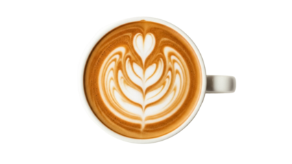 Latte art in a white cup isolated PNG, coffee drink with heart and tulip design on transparent background, cappuccino for cafe menu
