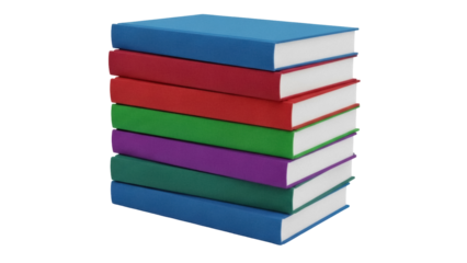 Stack of colorful books isolated PNG, blue red green purple books on transparent background for education and reading concepts