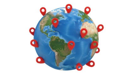 Earth globe with red map pointers isolated PNG, global business and travel concept on transparent background for design and marketing use