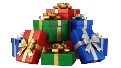 Pile of colorful Christmas presents PNG isolated on transparent background, festive gift boxes with ribbons for holiday celebration