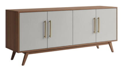 Modern light gray sideboard with wooden frame isolated on transparent background, contemporary cabinet PNG for living room furniture