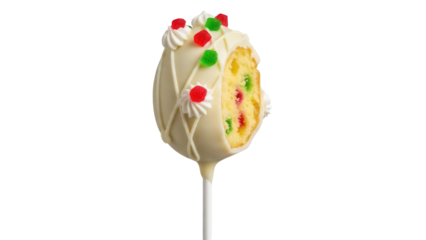 Festive cake pop isolated PNG, white chocolate covered cake with red and green candied fruit for holiday treat and party favor
