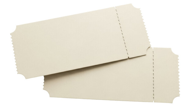 Two blank beige tickets isolated PNG on transparent background, admission pass for events and entertainment industry