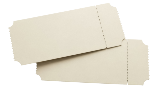 Two blank beige tickets isolated PNG on transparent background, admission pass for events and entertainment industry - Powered by Adobe