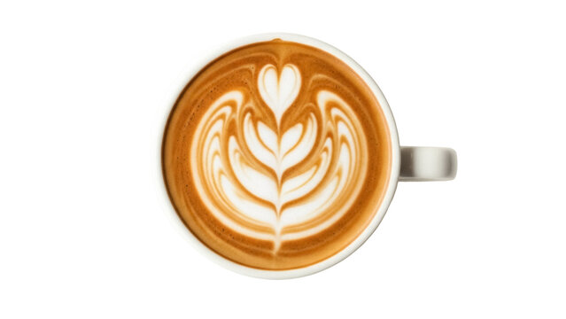 Latte art in a white cup isolated PNG, coffee drink with heart and tulip design on transparent background, cappuccino for cafe menu