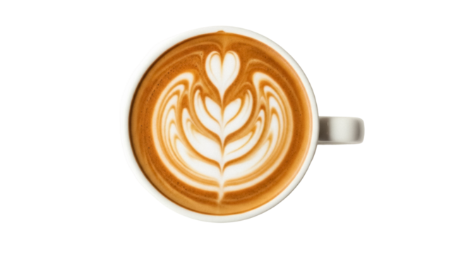 Latte art in a white cup isolated PNG, coffee drink with heart and tulip design on transparent background, cappuccino for cafe menu
