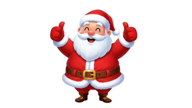 Happy Santa Claus cartoon character giving thumbs up isolated PNG, festive holiday season mascot for Christmas and New Year designs