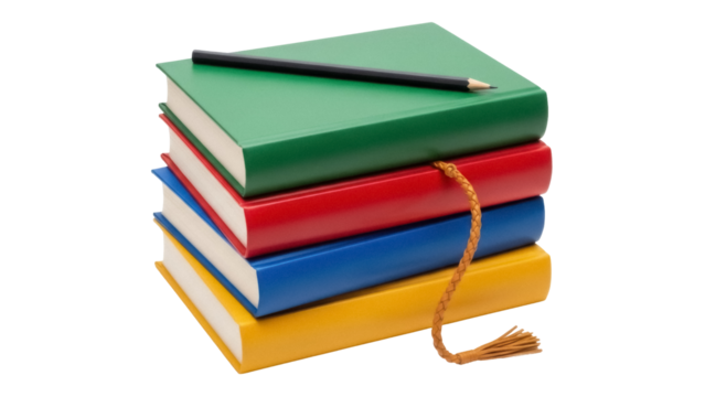 Stack of colorful books with pencil isolated on transparent background, green red blue and yellow books for education and reading