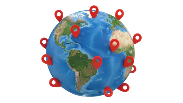 Earth globe with red map pointers isolated PNG, global business and travel concept on transparent background for design and marketing use
