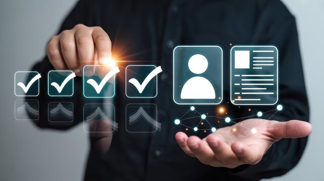 Person interacting with digital interface featuring selection boxes and user profile icons