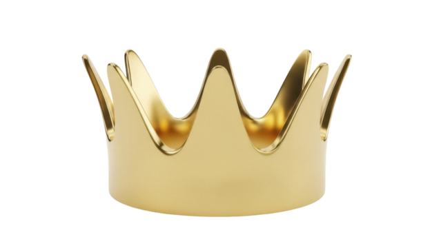 Golden crown isolated PNG on transparent background, royal symbol of power and authority for design projects and graphic elements