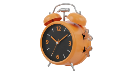 Orange alarm clock PNG isolated on transparent background, retro style timepiece for morning wake-up and time management