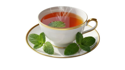 Elegant teacup with mint tea PNG isolated on transparent background, refreshing herbal drink for wellness and relaxation