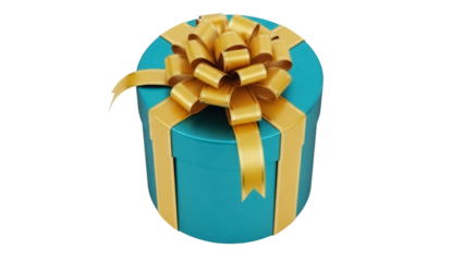 Teal gift box with gold ribbon and bow isolated PNG, present for birthday or special occasion on transparent background