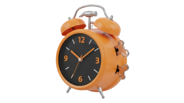 Orange alarm clock PNG isolated on transparent background, retro style timepiece for morning wake-up and time management