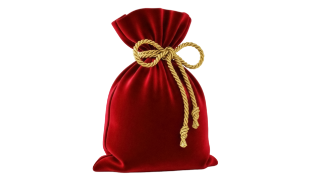 Red velvet Santa sack PNG isolated on transparent background, Christmas gift bag for holiday presents and festive celebrations - Powered by Adobe