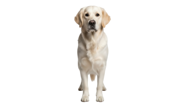 Golden Retriever dog isolated PNG on transparent background, standing and looking at the camera with a calm and friendly expression
