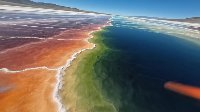 High aerial drone shot over textured mineral salt flats revealing vivid natural stratification forming horizontal color spectrum bands spectrum, shot, dry