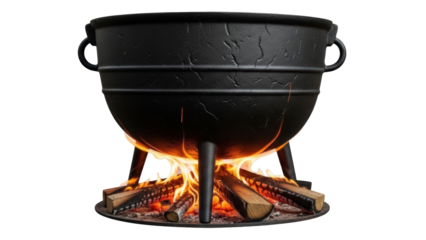 Black cast iron cauldron on fire isolated PNG, traditional cooking pot for outdoor camping and historical reenactment on transparent background