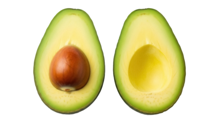 Two avocado halves isolated PNG, one with seed, on transparent background, fresh green fruit for healthy eating and vegetarian diet