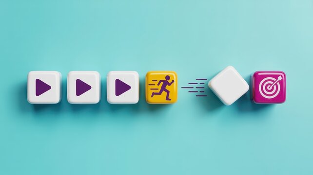 Sequential process cubes illustrate movement toward a final objective on a bright background