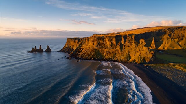 Icelandic sunset reveals dramatic Reynisdrangar cliffs over a black sand beach landscape - Powered by Adobe