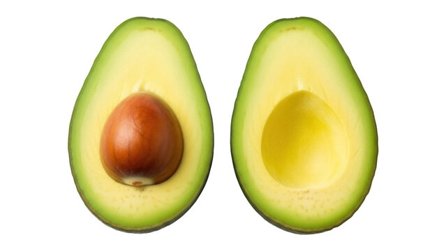 Two avocado halves isolated PNG, one with seed, on transparent background, fresh green fruit for healthy eating and vegetarian diet