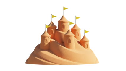 Detailed sandcastle with yellow flags isolated PNG, summer beach vacation architecture for kids and family fun