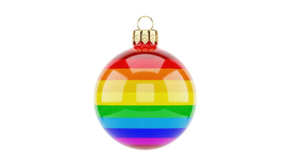 Rainbow Christmas ball isolated PNG on transparent background, colorful striped bauble for holiday decoration and LGBTQ+ pride