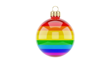 Rainbow Christmas ball isolated PNG on transparent background, colorful striped bauble for holiday decoration and LGBTQ+ pride