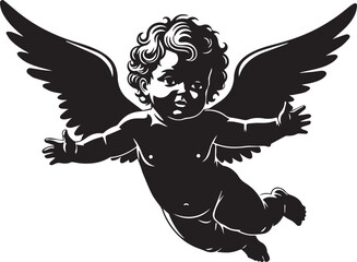 Fototapeta premium Black silhouette of a flying cherub with wings outstretched