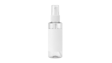 Clear plastic spray bottle isolated PNG on transparent background, empty container for liquid cosmetic product or sanitizer