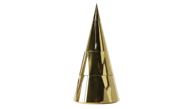 Golden cone sculpture isolated PNG on transparent background, modern art object for decoration and design projects