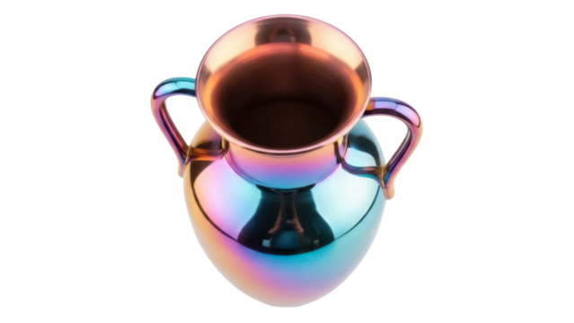Iridescent amphora vase isolated PNG on transparent background, colorful decorative vessel with handles for design use