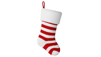 Striped Christmas stocking PNG isolated on transparent background, red and white holiday sock for...