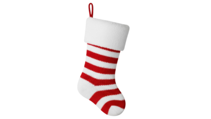 Striped Christmas stocking PNG isolated on transparent background, red and white holiday sock for festive decoration