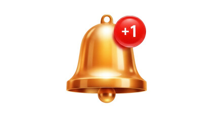 Golden notification bell with +1 isolated PNG on transparent background, social media alert icon for app and website design