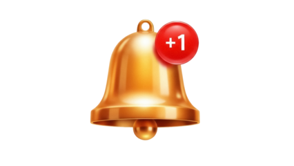 Golden notification bell with +1 isolated PNG on transparent background, social media alert icon for app and website design