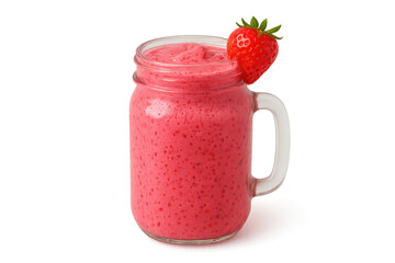 Strawberry smoothie in a glass mason jar mug with a fresh strawberry garnish, representing healthy eating and refreshing beverages