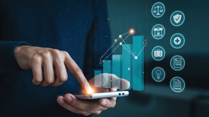 Individual interacts with a futuristic digital interface displaying business growth metrics and service icons on a mobile device