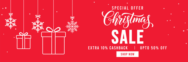 Festive red Christmas sale banner with hanging snowflake ornaments and baubles, elegant Christmas typography, special offer promotion with cashback and discount, ideal for holiday marketing and online
