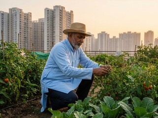 Indian Farmer In Blue Shirt Checking Tomato Plants In Urban Farm Garden At Sunset