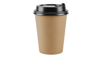 Disposable coffee cup with black lid isolated PNG, brown paper container for hot drinks on transparent background