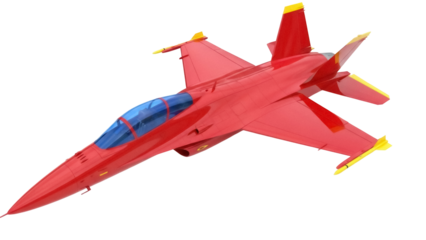 Red fighter jet PNG isolated on transparent background, modern military aircraft for aviation and aerospace design projects